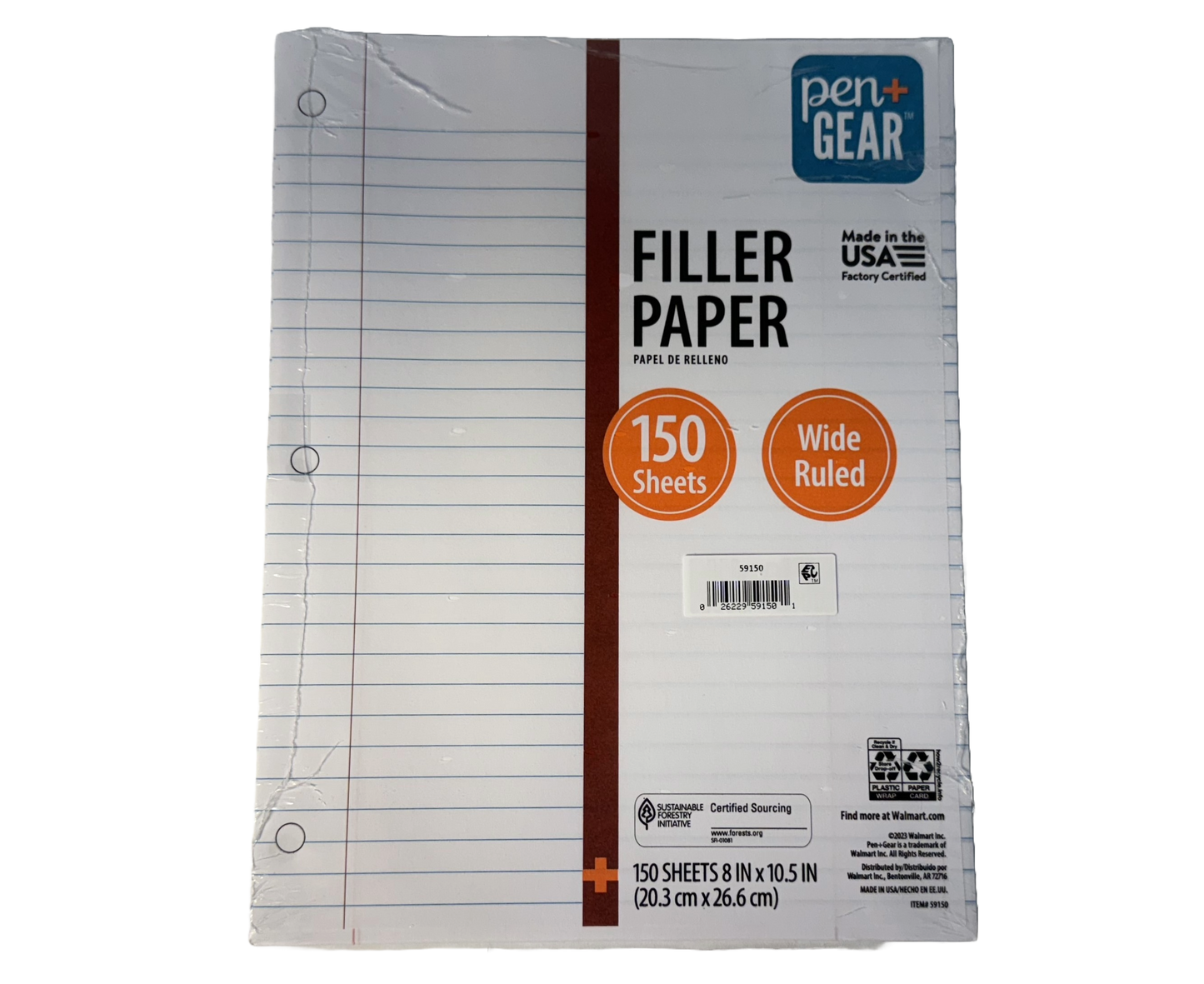 Pen+Gear Wide Ruled Filler Paper, 10.5" x 8", 150 sheets