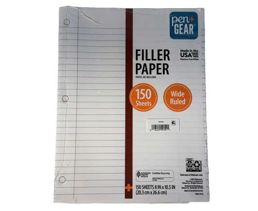 Pen+Gear Wide Ruled Filler Paper, 10.5" x 8", 150 sheets