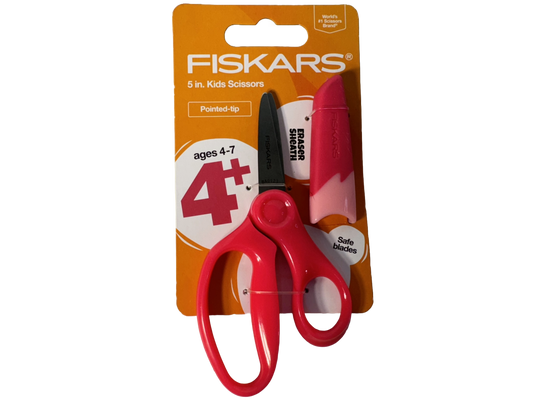 Fiskars 5" Pointed Kids Scissors For Ages 4-7 with Eraser Sheath, Pink